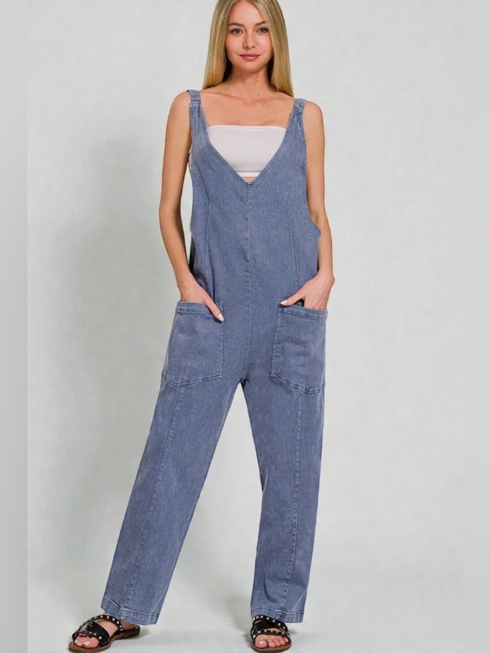 Zenana Outfitters Washed Blue Denim Overalls